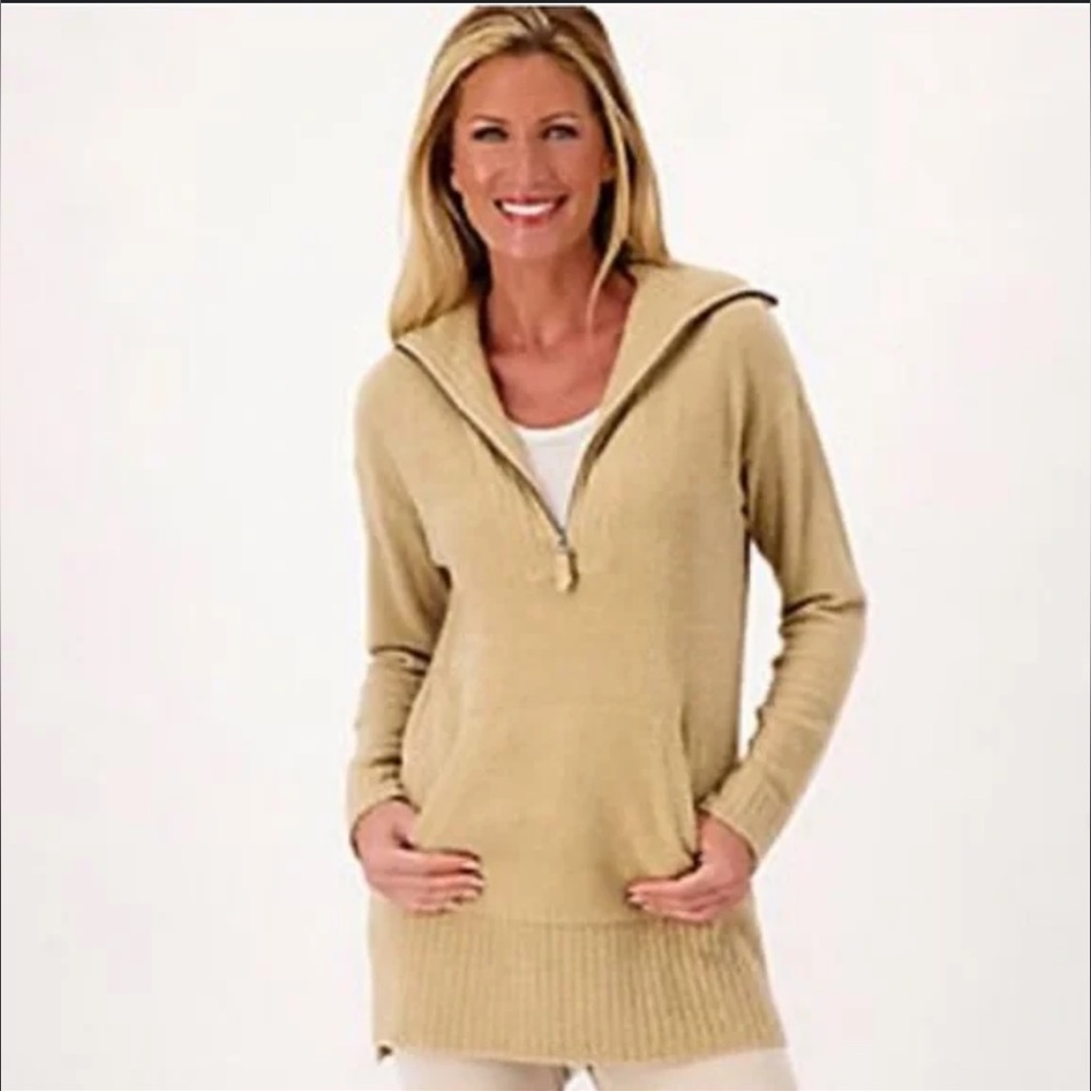 Barefoot Dreams CozyChic Lite Half Zip Tunic Size large Biscotti Color
